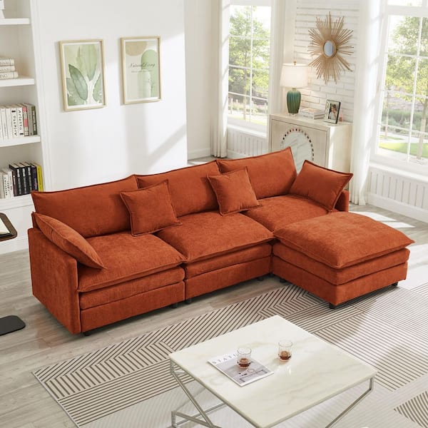 Weyric Modern 105 in. Chenille Upholstered L-Shape 3-Seats Modular Sectional Sofa in Dark Orange with Ottoman, Pillows