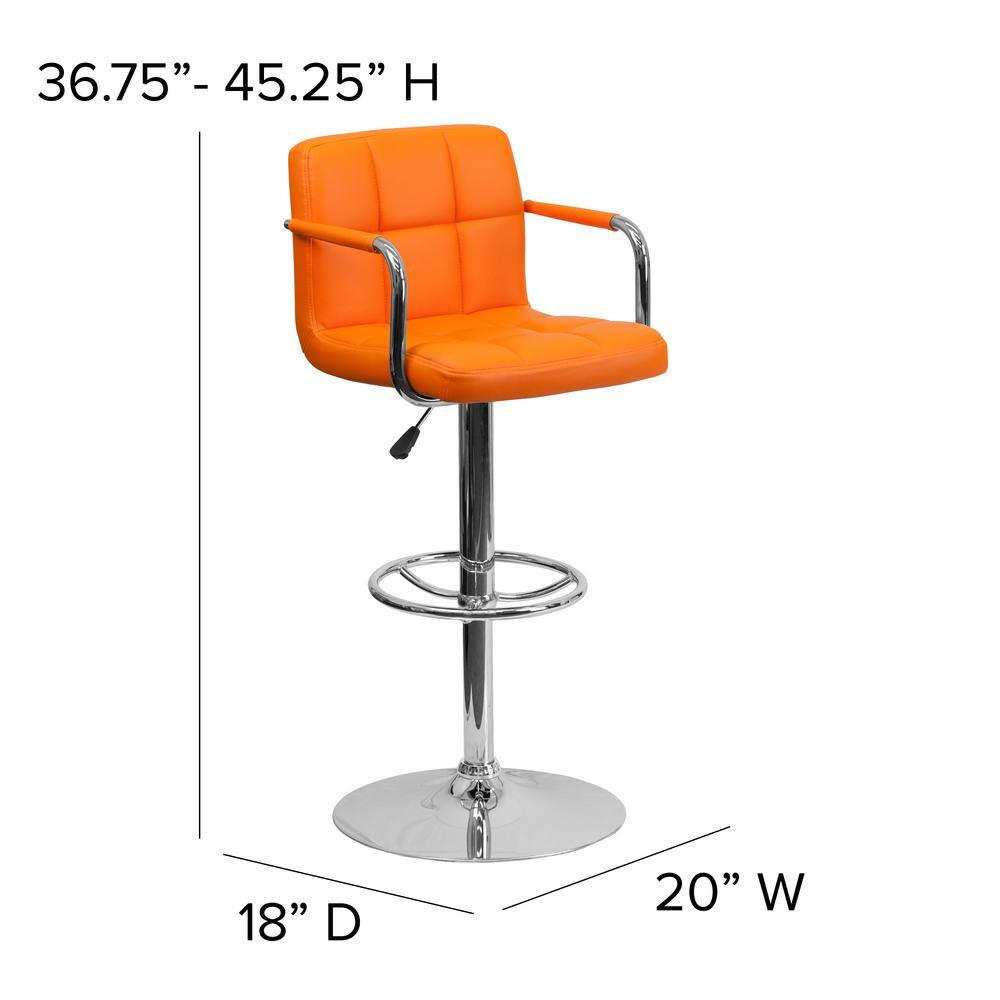 Contemporary Orange Quilted Vinyl Adjustable Swivel Barstool with Chrome Base