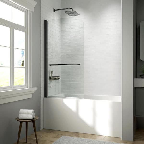 34 in. W x 58 in. H Pivot Shower Door, Frameless Tub Door in Matte Black with Premium 1/4 in. 6mm Clear Tempered Glass