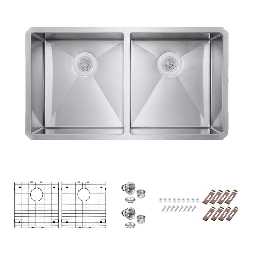 Bryn Stainless Steel 16- Gauge 33 in. Double Bowl Undermount Kitchen Sink with Bottom Grid, Drain -  PELHAM & WHITE, PWS132