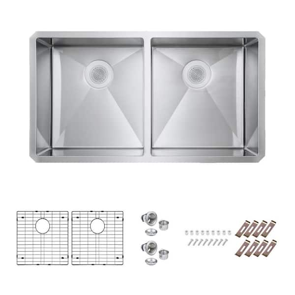 PELHAM & WHITE Bryn Stainless Steel 16- Gauge 33 in. Double Bowl Undermount Kitchen Sink with Bottom Grid, Drain