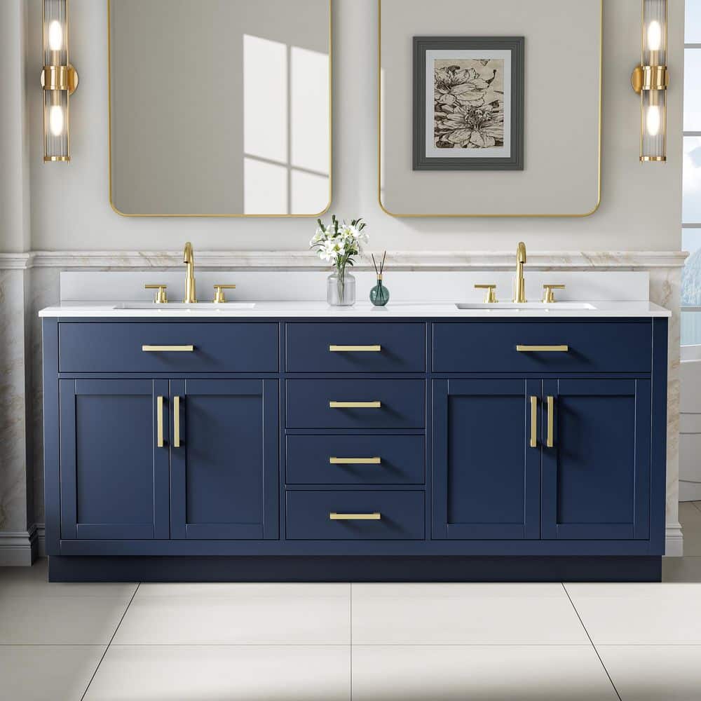 ANGELES HOME 80 in. Freestanding Solid Wood Navy Blue Bath Vanity with ...