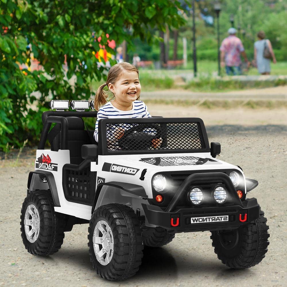 White 12V Kids Ride-On Truck with Remote Control and LED Lights