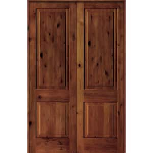 Rustic Knotty Alder 56 in. x 96 in. 2-Panel Universal/Reversible Red Chestnut Stain Wood Double Prehung Interior Door