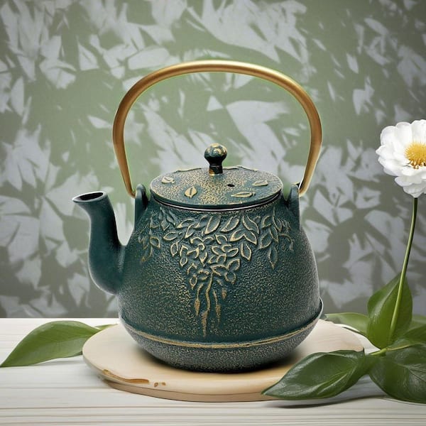 4-Cup Dark Green Enameled Cast Iron Teapot with Stainless Steel Infuser, Tea Kettle Stovetop Safe for Brewing Tea