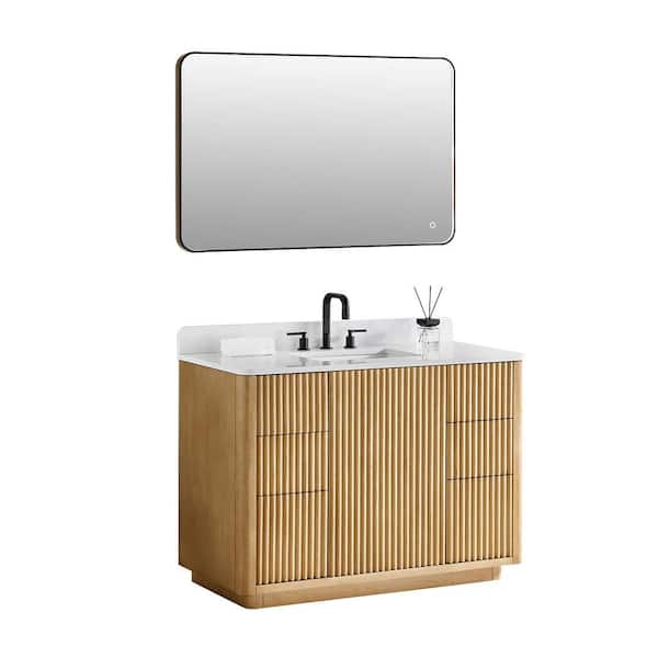 Altair Clayton 48 in. Single Freestanding Washed Light Brown Bath Vanity with Grain White Engineered Stone Top Assembled Mirror