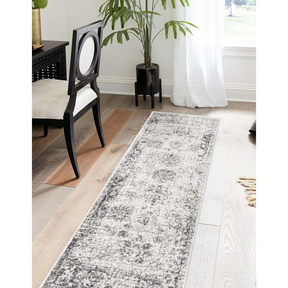 Elegant Gray Synthetic Indoor Runner Rug, Easy Care & Stain-Resistant