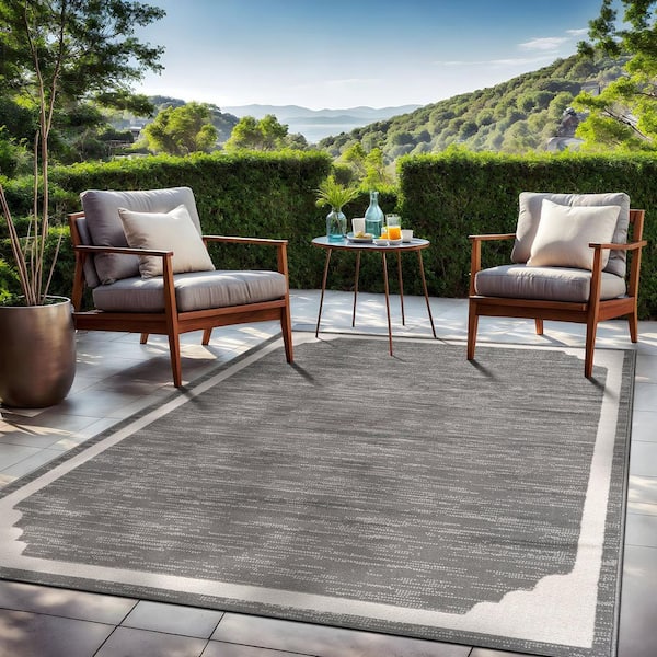 Hera Gray 6 ft. x 9 ft. Rubber Back Washable Corner Bordered Indoor Outdoor Patio Area Rug