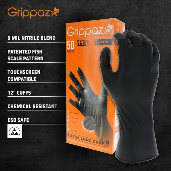 GRIPPAZ Large Black 8-Mil Thick 100% Nitrile Disposable Work