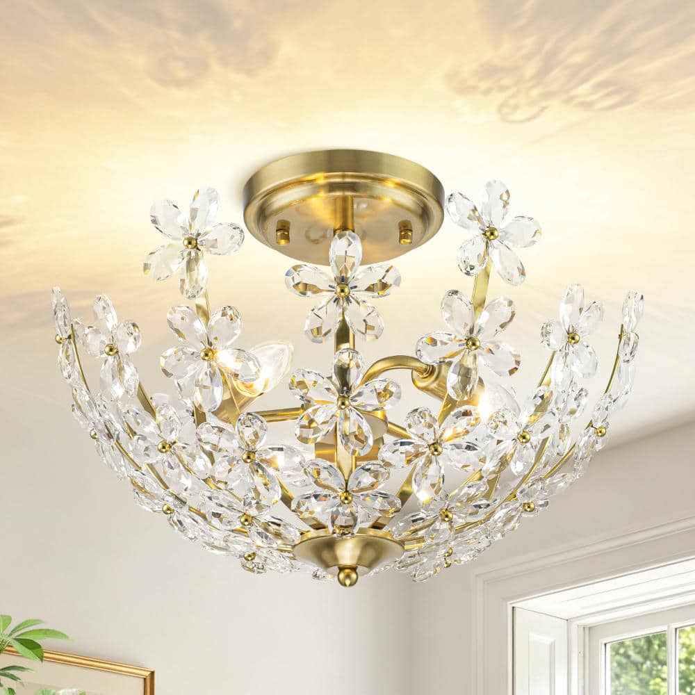 Modern Crystal Semi Flush Mount Ceiling Light, 3-Light Gold Floral Ceiling Fixture with Clear Crystal Petals for Bedroom price history on PriceWatchPro