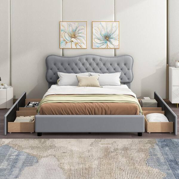 Harper And Bright Designs Gray Wood Frame Queen Size Pu Upholstered