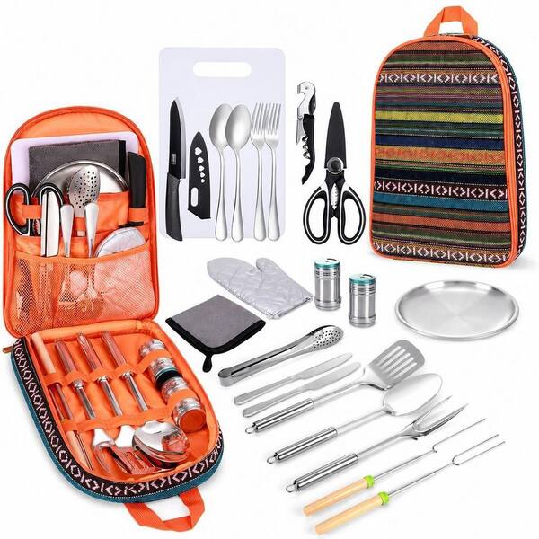 27-Piece Portable Stainless Steel Camping Cookware Set in Orange, Outdoor Cooking and Grilling Utensil Organizer Set