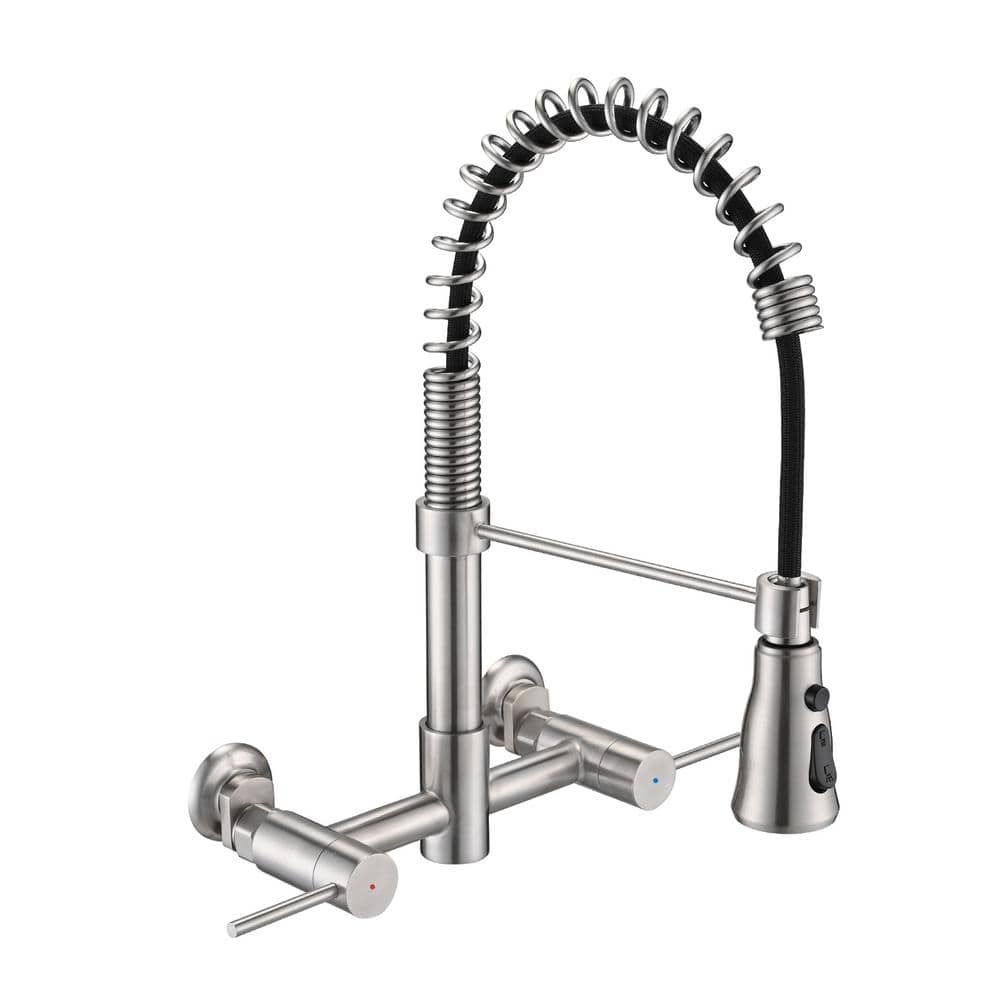 Double Handle 3 Functions Wall Mounted Pull Down Sprayer Kitchen Faucet in 