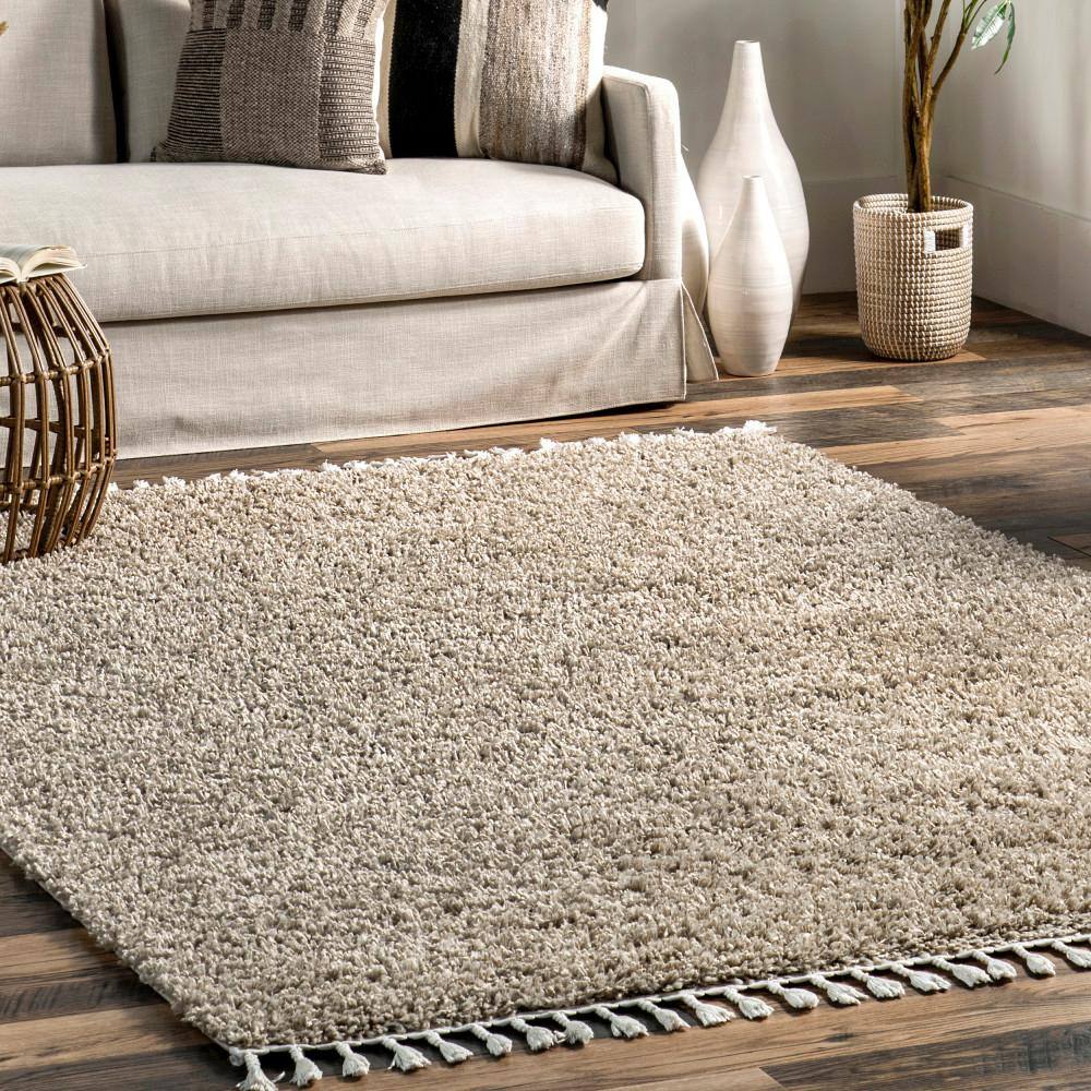 Braided Beige Rectangular Shag Area Rug with Tassels