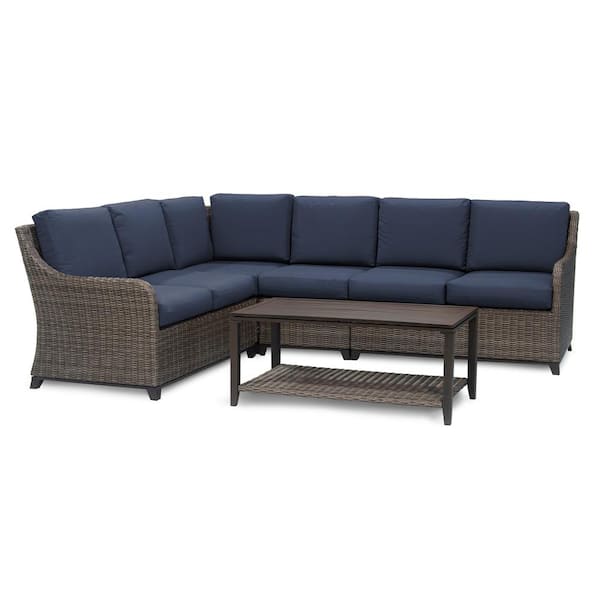 Leisure Made Mitchell 5-Pieces Wicker Outdoor Sectional Set with Sunbrella Navy Cushions