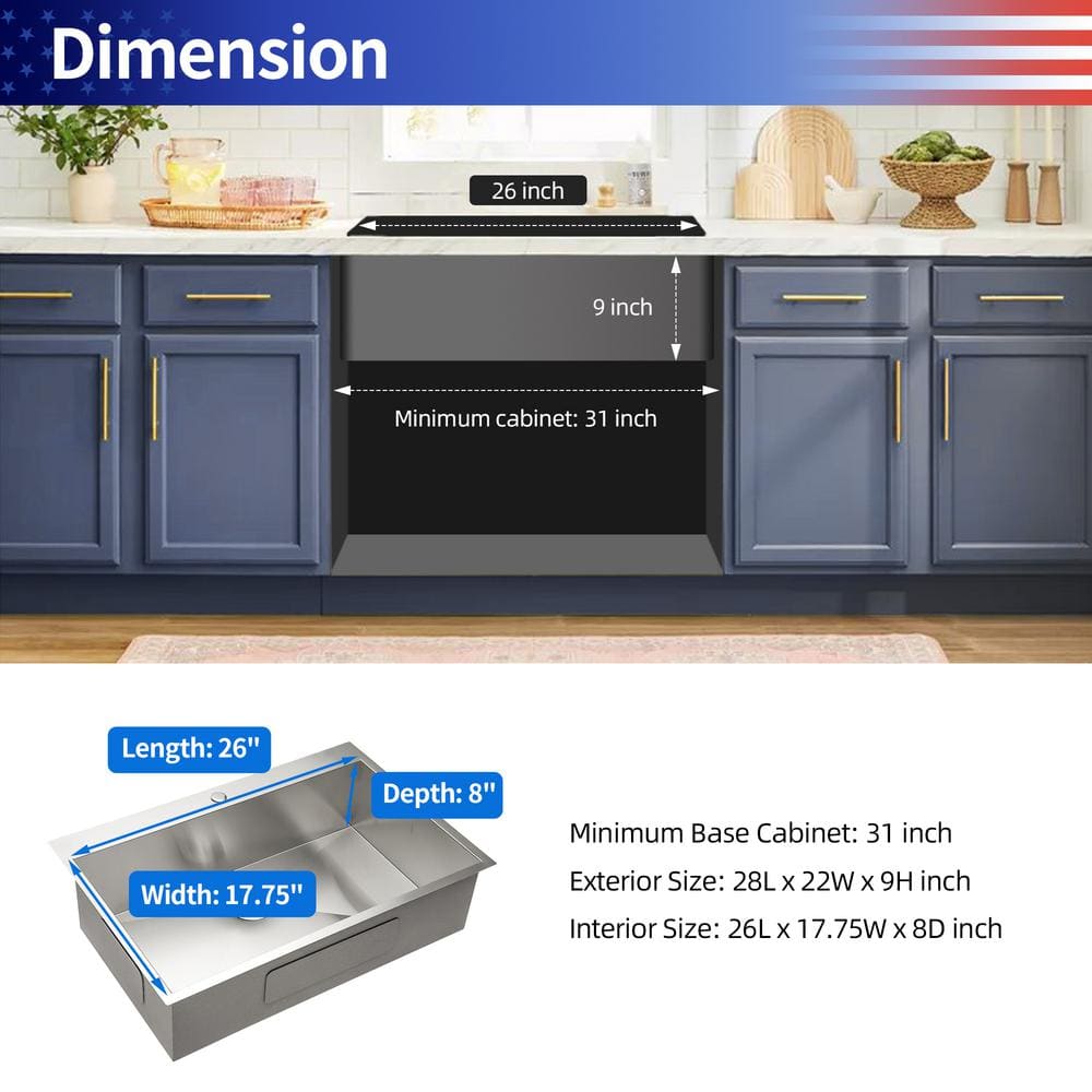Rainlex 28" Drop-In Single Bowl Stainless Steel Kitchen Sink