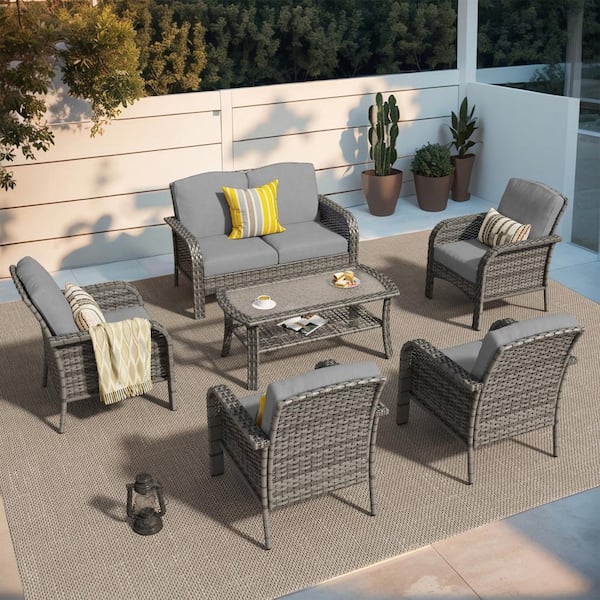 weaxty W Hyacinth Haven Gray 6-Piece Wicker Patio Outdoor Conversation Seating Set with a Coffee Table and Light Gray Cushions