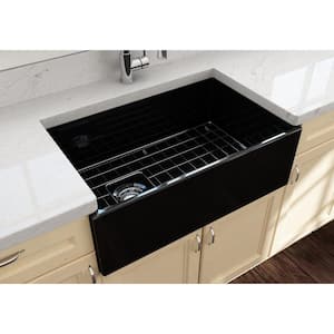 Contempo Farmhouse Apron Front Fireclay 33 in. Single Bowl Kitchen Sink with Bottom Grid and Strainer in Black