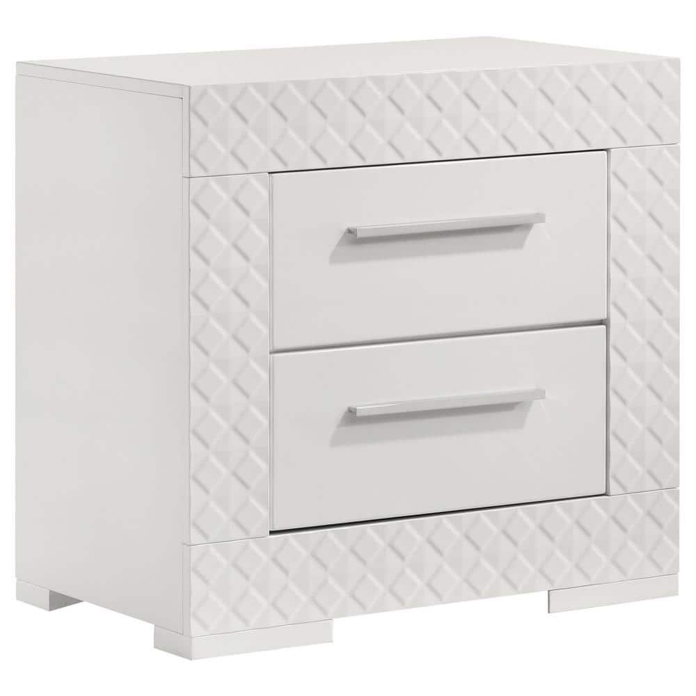 Ives White High Gloss 2-drawer Nightstand Bedside Table with Felt-lined Top Drawer