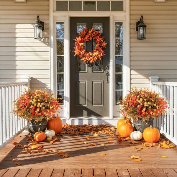 1 in. H Orange Artificial Mums 12-Bundles UV Resistant Fake Flowers for Outdoor Planters Garden Porch Balcony Decor