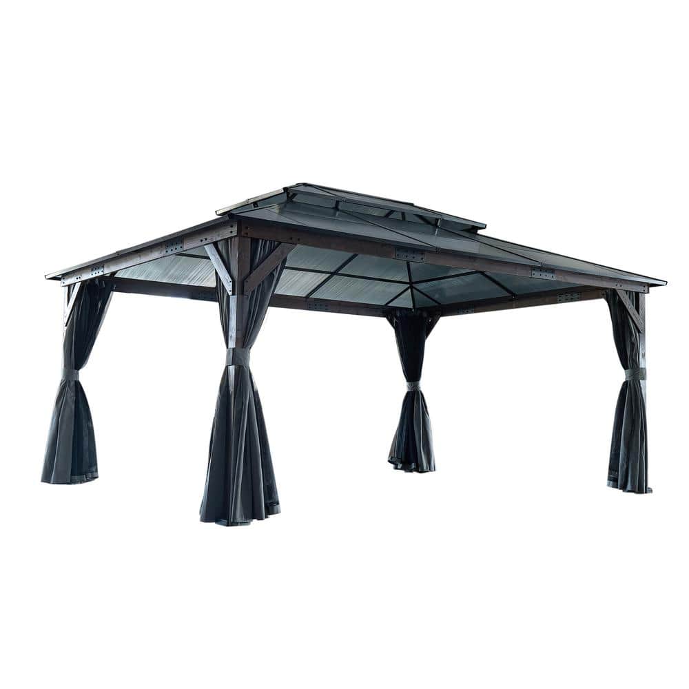 12 ft. x 16 ft. Black Hardtop Wood Gazebo, Outdoor Patio Canopy with Double