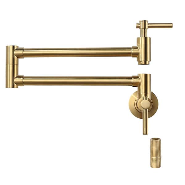 VEVETTA Wall Mounted Pot Filler Kitchen Faucet with Double Handles and 360° Spout Swivel in Brushed Gold