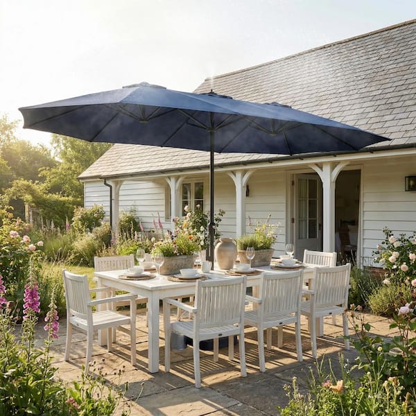 15 twin patio umbrella canopy 15ft Solar Double-Sided Extra Large with Led Light easily protecting large outdoor dining sets or lounge areas from direct sunlight 15 Ft Double Canopy Patio