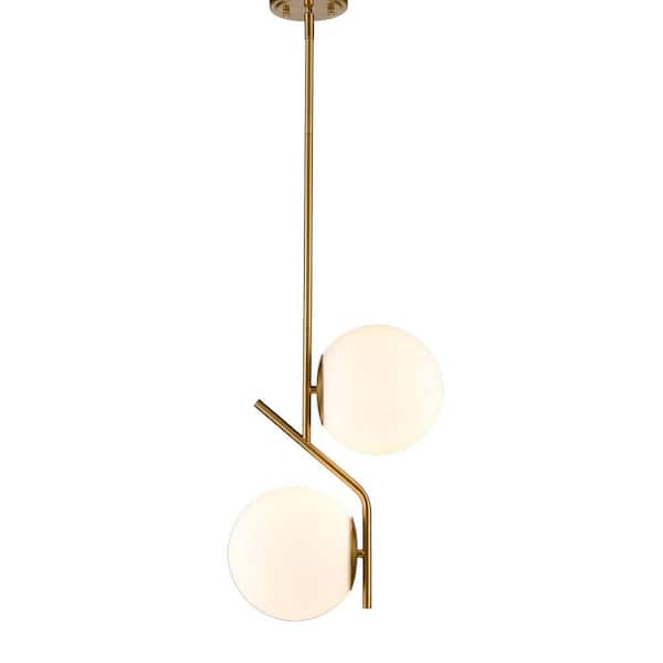 CLAXY 60 Watt 2 Light Gold Finished Shaded Pendant Light with Milk glass Glass Shade and No Bulbs Included