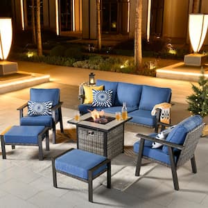 Walden Grey 6-Piece Wicker Steel Outdoor Patio Conversation Sofa Set with a Fire Pit and Sky Blue Cushions