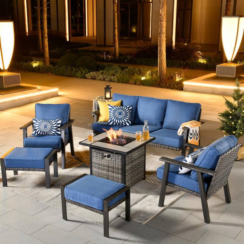 Walden Grey 6-Piece Wicker Steel Outdoor Patio Conversation Sofa Set with a Fire Pit and Sky Blue Cushions