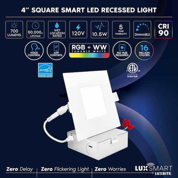 4 in. Smart Square Integrated LED Recessed Light RGBW Color Changing WiFi Compatible with Alexa and Google Home