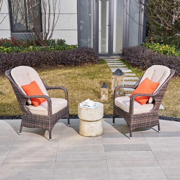 Ferdy 2-Person Outdoor Patio Wicker Aluminum Seating Group With Beige Cushions-Brown