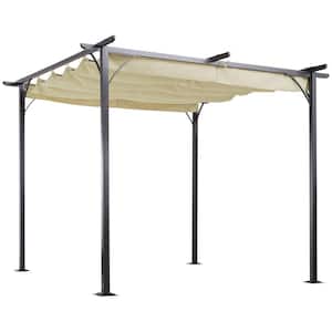 10 ft. x 10 ft. Steel Frame Beige Outdoor Retractable Pergola Canopy Grill Gazebo for Backyard, Porch, Party, Garden