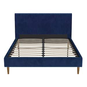 Daphne, Blue Velvet, Metal Frame, Queen Upholstered Platform Bed with Vertical Channel Tufted Headboard