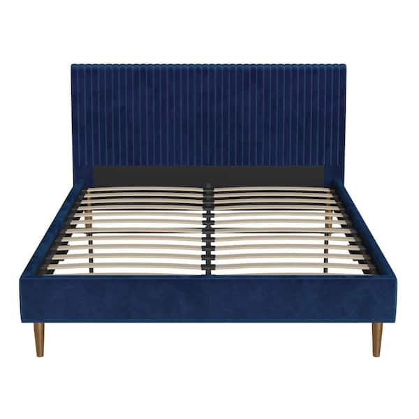 Unbranded Daphne, Blue Velvet, Metal Frame, Queen Upholstered Platform Bed with Vertical Channel Tufted Headboard