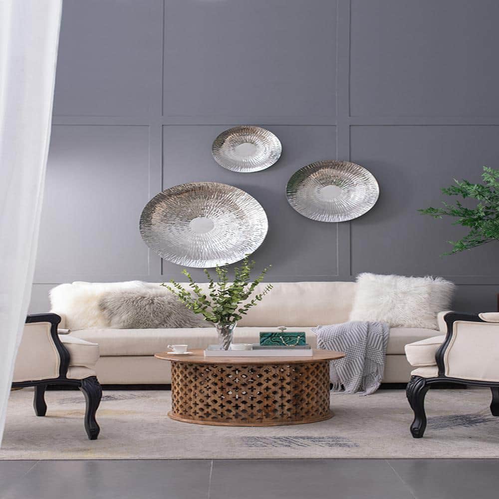 Silver Metal Textured Oversized Disc Wall Decor for Living Room Bedrrom Ent