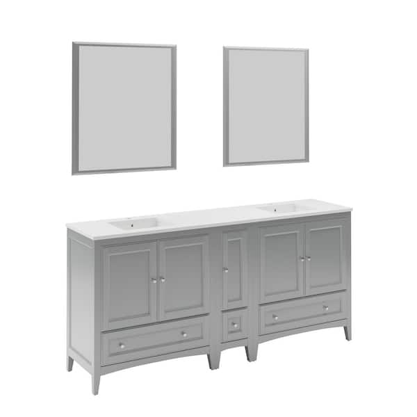 Oxford 72 in. Bathroom Double Sink Gray Bath Vanity with White Quartz Top and Mirrors