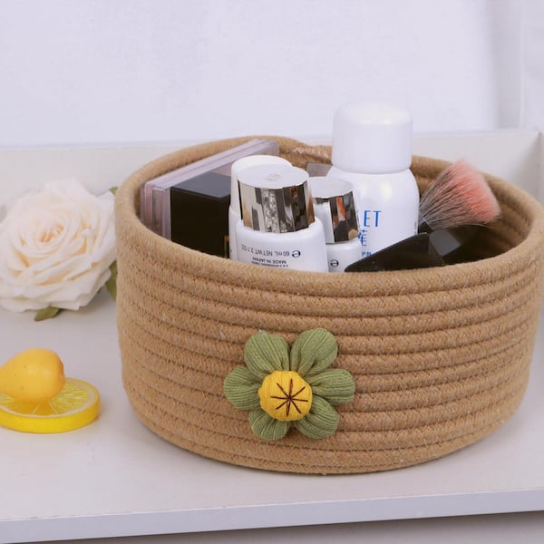 A Set of 3 Large Covered Brown Storage Baskets 9.5 in. x 6.3 in
