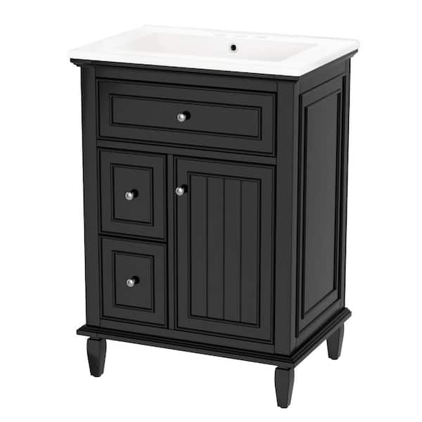 24" Black Bathroom Vanity with Sink,Flip Drawer,Drawers&Adjustable Shelf,Solid Wood&MDF Cabinet