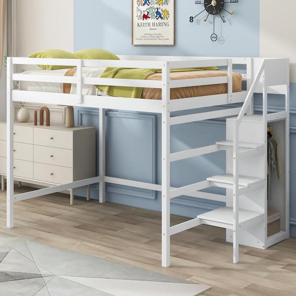 Polibi White Frame Full Size Loft Bed with Built-in Storage Wardrobe and Staircase