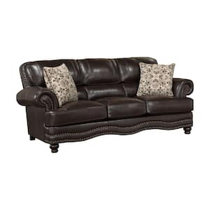 43 in. Rolled Arm Vegan Faux Leather Rectangle Nailhead Trim Accents Sofa in Brown