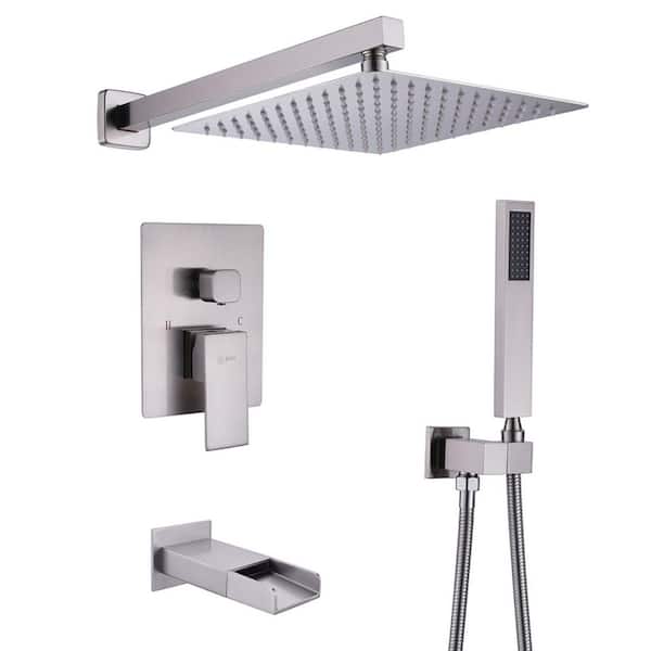 Waterfall Spout Single Handle 3-Spray Square High Pressure Tub and Shower Faucet in Brushed Nickel (Valve Included)