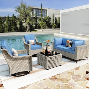Thor 6-Piece Wicker Patio Conversation Seating Sofa Set with Blue Cushions and Swivel Rocking Chairs