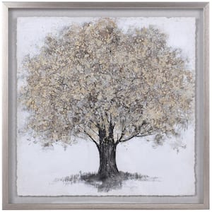 Gold Foliage - Shadow Box Wall Art With Foil On Rice Paper - Gray Wash Frame Framed Nature Art Print 27.5 in. x 27.5 in.