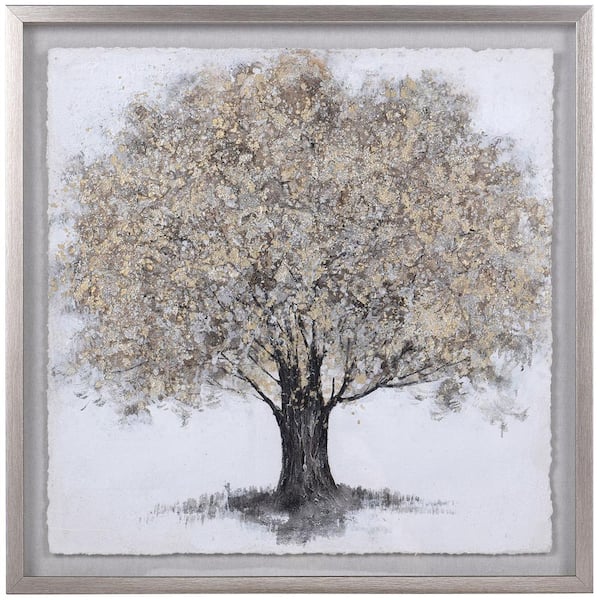 StyleCraft Gold Foliage On WI12135DS Art 27.5 Home Frame Wash in. Foil Rice Art Paper Depot - Print - Framed 27.5 x Nature Gray Shadow Wall Box The With in. 