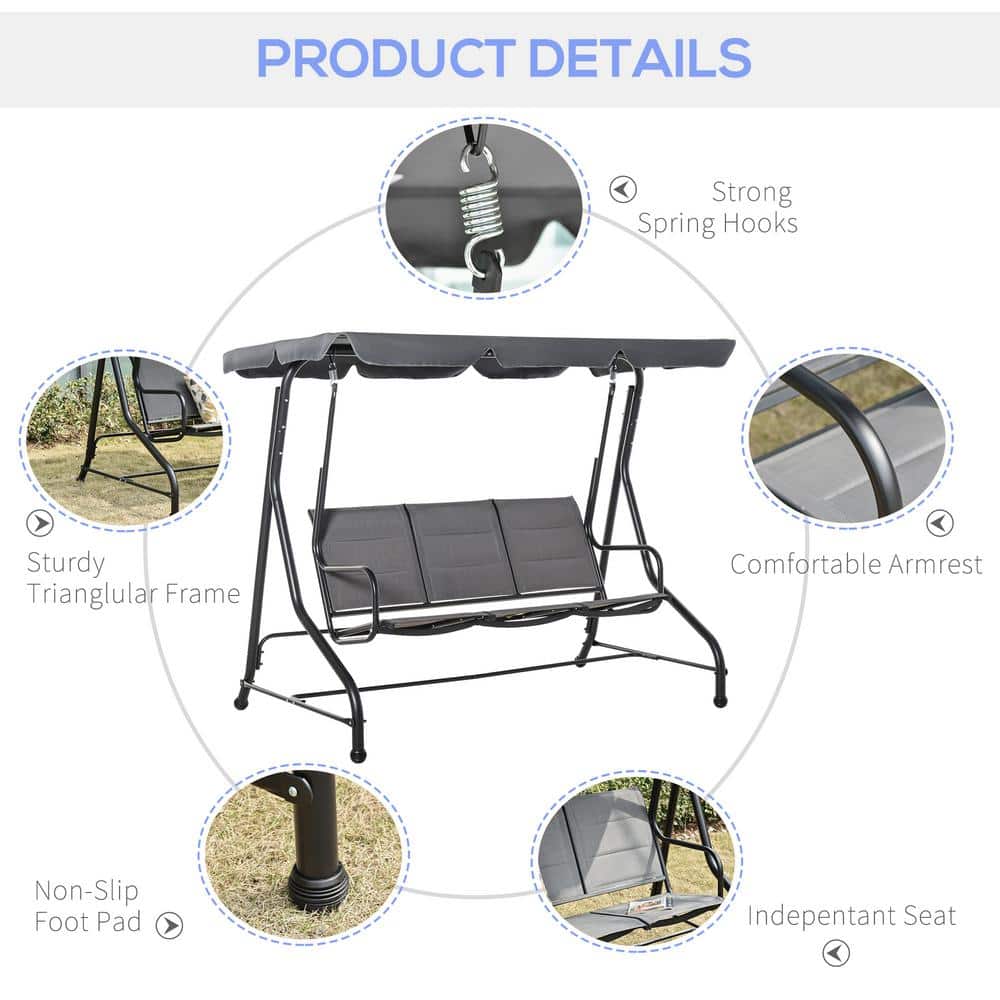 Gray Steel Trio-Seating Outdoor Swing Chair with Canopy