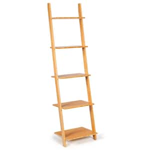 65 in. H Natural 5-Shelf Bamboo Bookshelf Ladder Bookcase Open Display