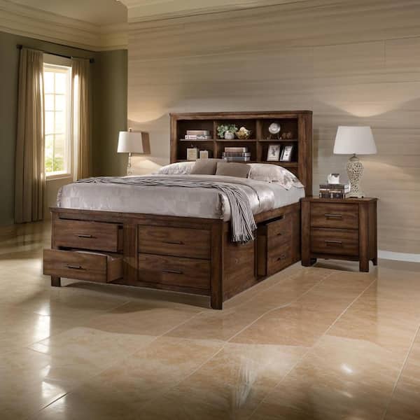 Benjara Tiva Oak Brown Wood Frame Queen Size Platform Bed with 6-Drawers