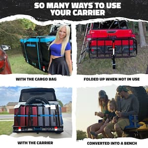 48in x 18in x 6in. 2-in-1 Hitch Mount Cargo Carrier and Hitch Bench with 15CuFt Cargo Bag, Cushion Set and Accessories