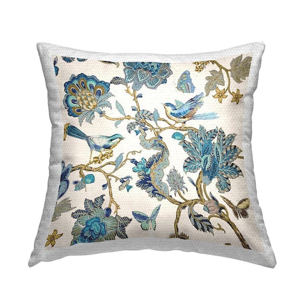Blue Ornate Traditional Nature Blue Square Outdoor Throw Pillow
